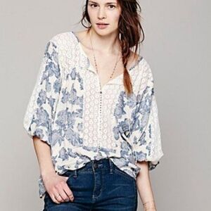 Free People Moon River Cream and Blue Floral and Lace Boho Top. Med